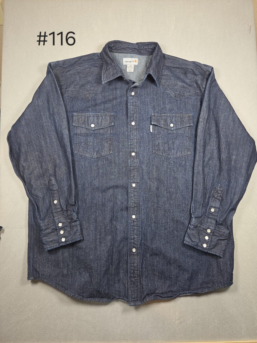 Carhartt Denim Western Work Shirt Men's 2XL Blue Pearl Snap Long Sleeve